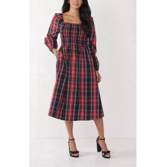 Draper James RSVP New Smocked Plaid Midi Dress With Long Sleeves Red Plaid Large - Picture 1 of 16